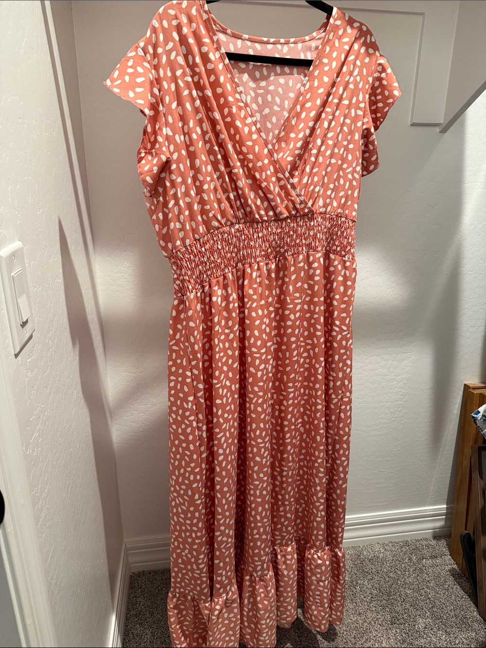 SHEIN Coral Pink Printed Maxi Dress with Smocked Waist
